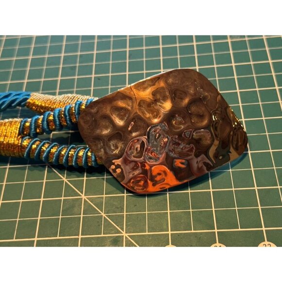 VTG Blue Gold Cord Belt With Large Hammered Metal Centerpiece Fairycore